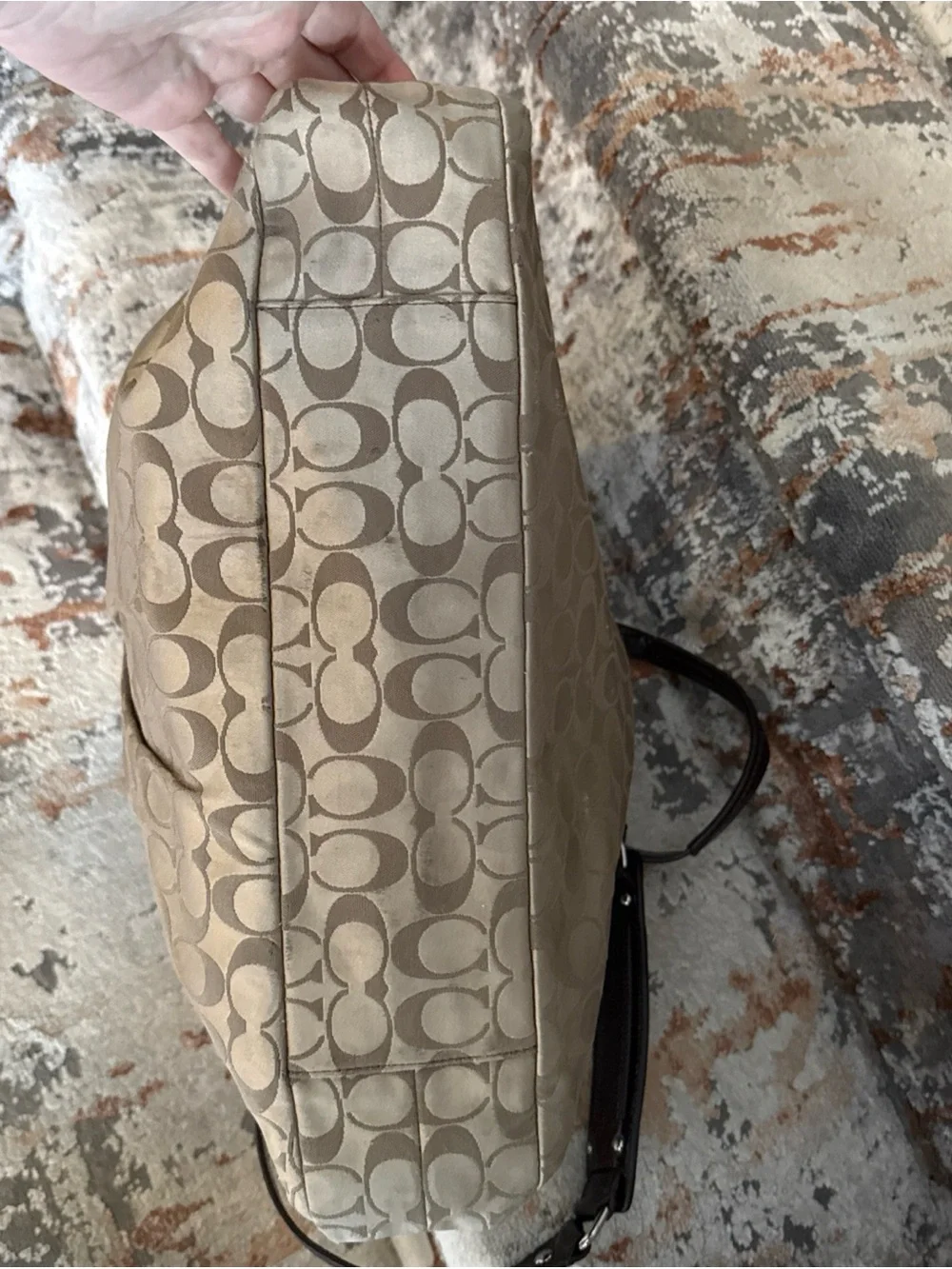 Coach Beige Signature Tote with Dark Brown Leather Trim